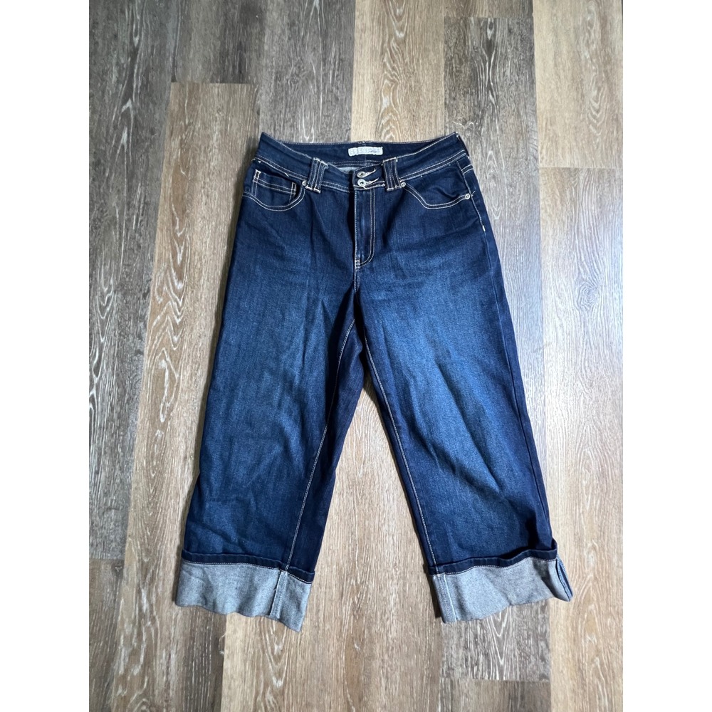 Chicos Platinum Crop Jeans Womens Size 1 Blue Dark Wash Cuffed Double Button 932